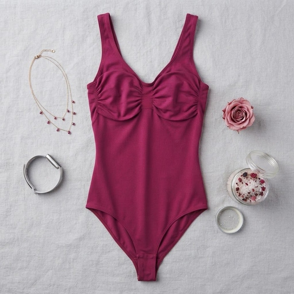 Yitty Nearly Naked Shaping Thong Bodysuit Beet Purple Ruched M/L